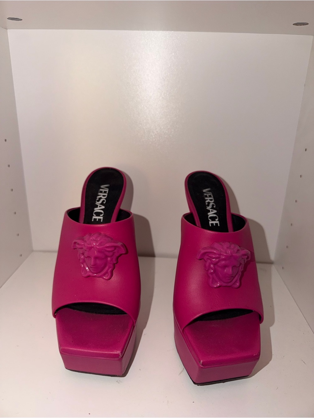 Versace Hot Pink Platform Mule Heels with Medusa Accent - Picture 2 of 3